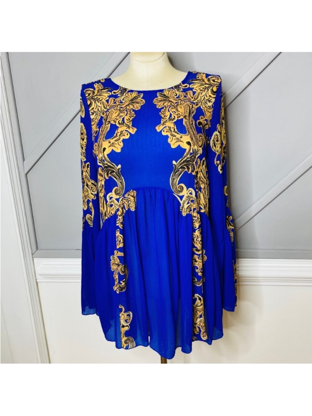 Free People Intimately Size Small Royal Blue Gold Sheer Dress Cover Up Oversized - Picture 5 of 9